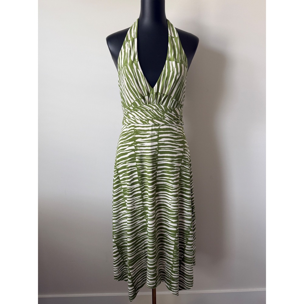 Donna Ricco New York Green Zebra Print Halter Handkerchief Hem Midi Dress Size 8